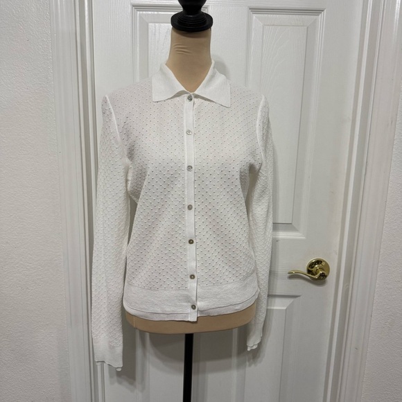 VINCE Women Italian Cotton-Blend Mesh Double Layer Cardigan White Sz M Collared - Picture 4 of 8